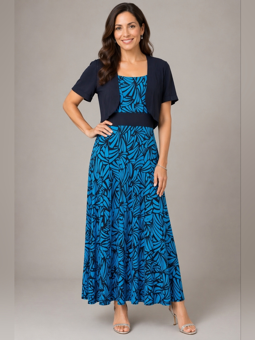 Perceptions Sleeveless Teal and Black Patterned Dress with Black Bolero Sz 8P